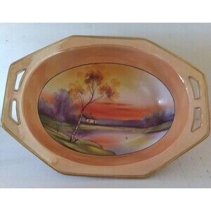 Vintage Noritake Lusterware Bowl: Hand Painted Coral Glaze, Iridescent Gold Rim